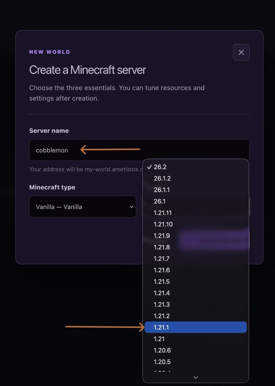 Создание сервера Cobblemon с Minecraft 1.21.1 в Ametistos