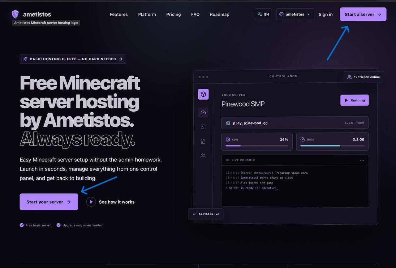 Ametistos-Startseite mit hervorgehobenen Schaltflächen Server starten und Starte deinen Server