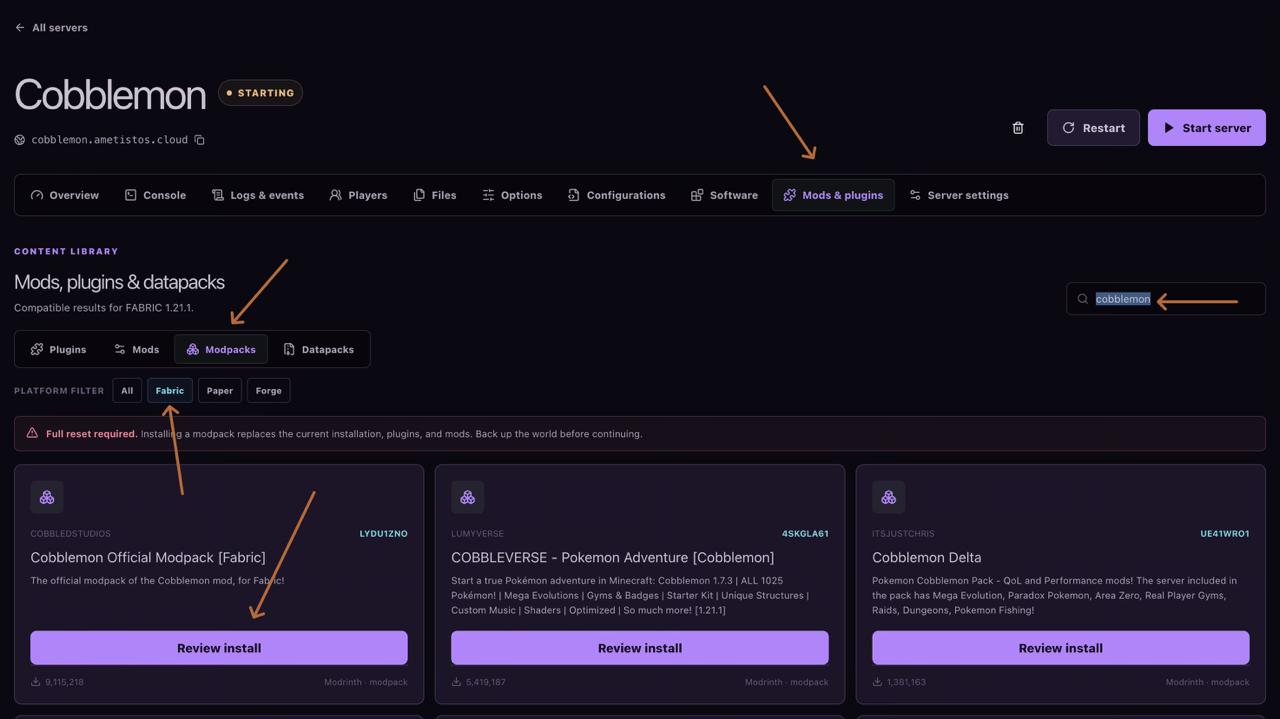 Ametistos-Modrinth-Modpack-Katalog gefiltert nach Fabric und Cobblemon