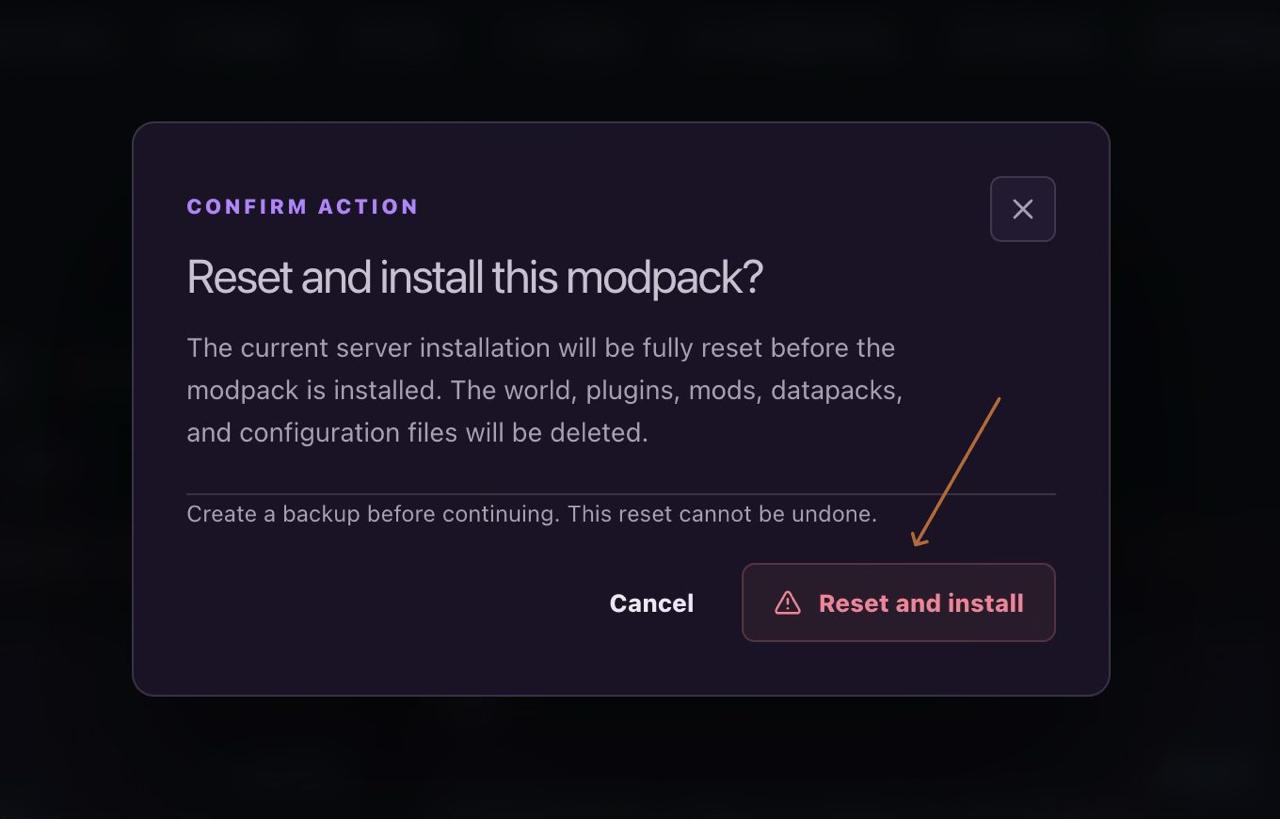 Ametistos-Bestätigungswarnung für Reset und Modpack-Installation