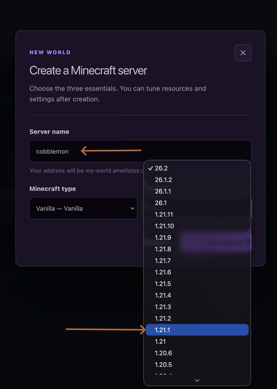 Ametistos-Minecraft-Server-Ersteller mit Auswahl von Name und Minecraft 1.21.1 für Cobblemon