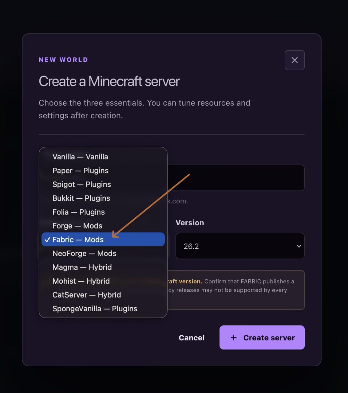 Minecraft-Serverplattformauswahl mit hervorgehobenem Fabric Mods