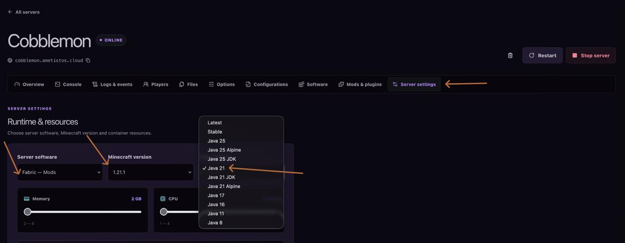 Ametistos-Java-Versionsauswahl mit ausgewähltem Java 21 für einen Fabric-Server