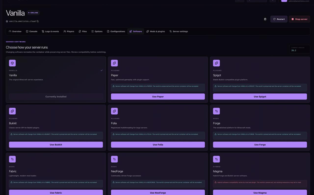 Ametistos Software page for changing Minecraft server platform and version