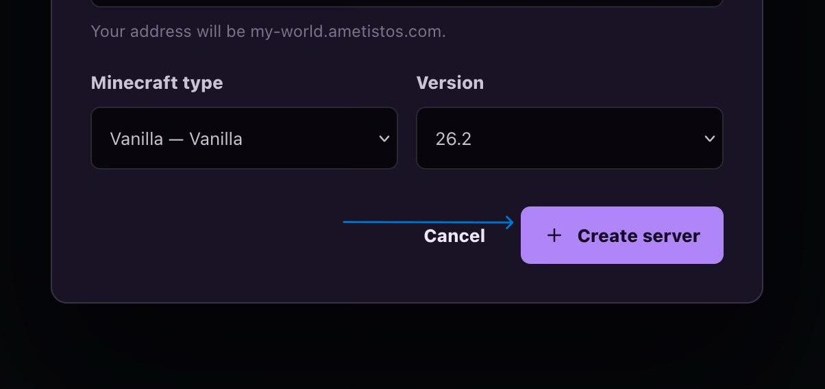 Ametistos-Dashboard mit hervorgehobener Schaltfläche Neuer Server