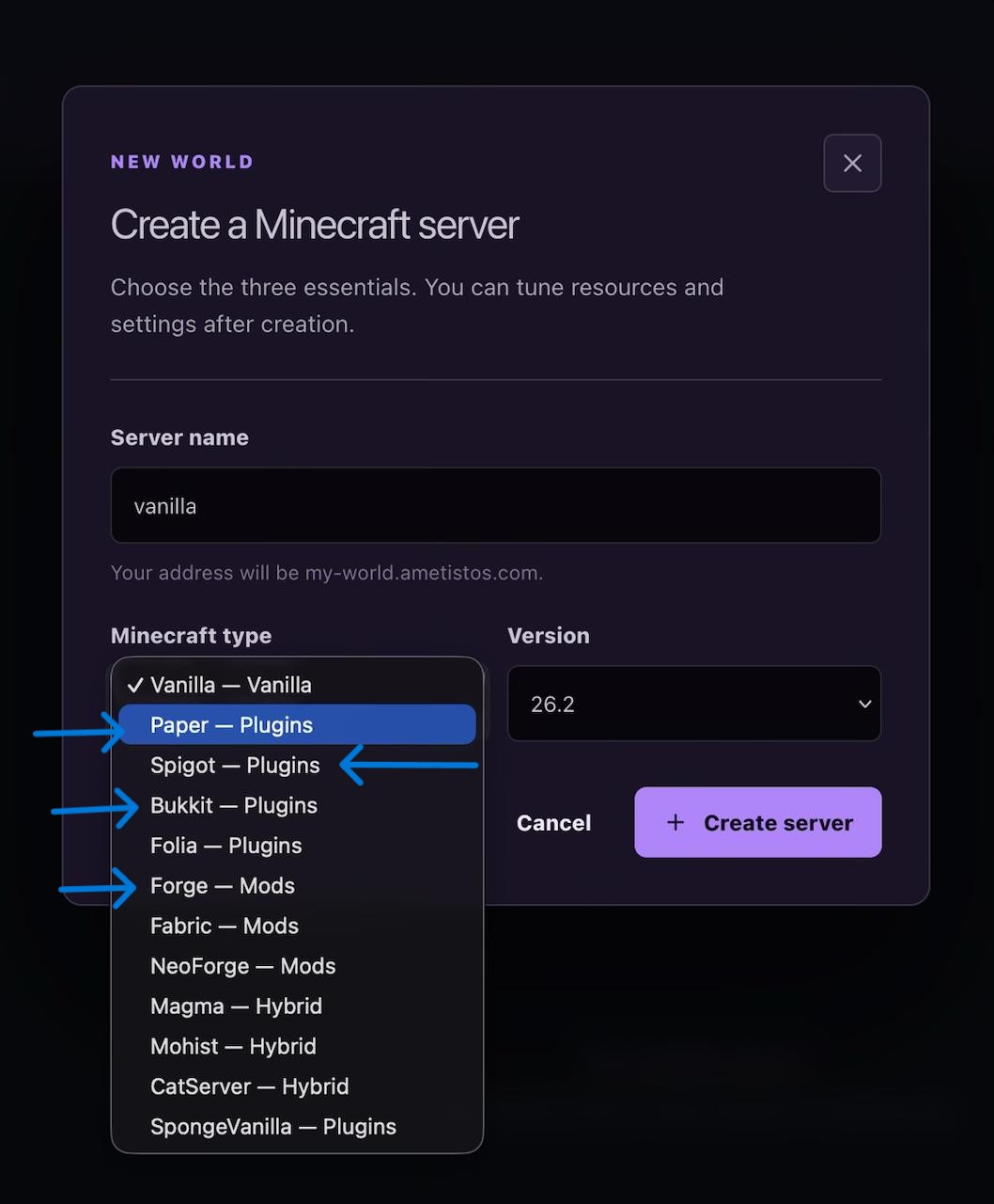 Liste der Minecraft-Serversoftware mit ausgewähltem Vanilla