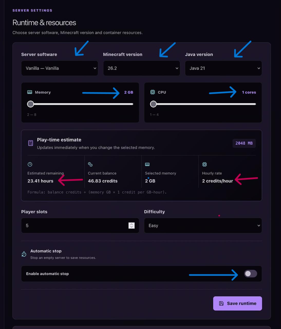 Ametistos server settings with Java version, RAM, CPU and play-time estimate