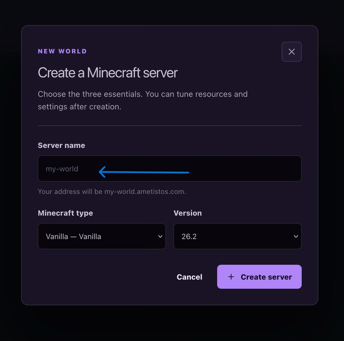 Dialog zum Erstellen eines Minecraft-Servers mit Feldern für Name, Typ und Version