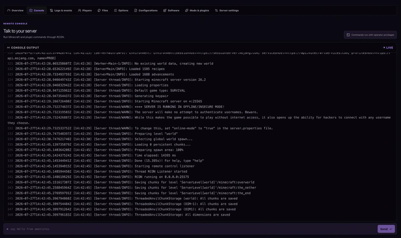 Live-Konsole von Minecraft mit erfolgreichem Vanilla-Serverstart